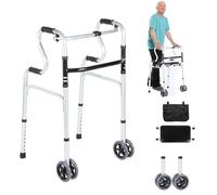 ISOISL Déambulateur pliable pour personnes âgées avec 2 roulettes pivotantes - Déambulateur pour adultes - Réglable en hauteur - En aluminium - Antidérapant et stable - Jusqu'à 180 kg - Argenté