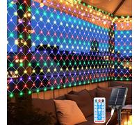 ISOISL Filet lumineux solaire festif, 2 x 2 m, 240 LED, 8 modes et minuterie par télécommande, solaire/USB, étanche IP44, pour Noël, jardin, décoration de Noël, multicolore