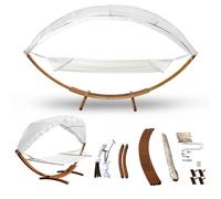 ISOISL Hamac avec armature et toit pare-soleil, hamac en bois de mélèze résistant aux intempéries, jusqu'à 200 kg, hamac à barres pour 2 personnes, extérieur et intérieur