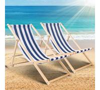 ISOISL Lot de 2 chaises longues pliables en bois - Charge maximale : 150 kg - Résistantes - Pour le jardin, la plage, le camping et les voyages - Rayures bleues et blanches