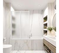 ISOISL Paroi de douche pour baignoire en plastique, anti-éclats, 100 x 140 cm, pliable en 2 parties, cadre en aluminium blanc, montage à gauche/droite, avec aspect goutte