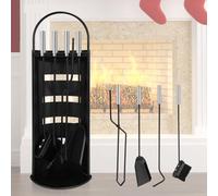 ISOISL Serviteur de cheminée 5 pièces avec balai, pelle, crochet en fer, pince à feu, support, ustensiles de cheminée, accessoires de cheminée avec poignées en acier inoxydable et chiffon de cadavre,