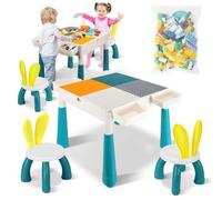 ISOISL Table pour enfant, avec 2 chaises avec espace de rangement et 251 blocs de construction, 4 en 1, multifonctionnelles, hauteur réglable, table de jeu, PP + ABS, facile à nettoyer