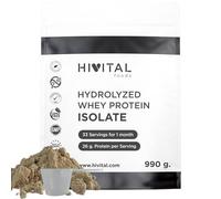 Isolat de Protéines de Lactosérum 990 g pour 1 mois de traitement. 26 g par jour d'Isolat de Protéine Whey 100% pur et 100% Naturel. Avec Arôme Naturel de Chocolat. Sans soja. De Hivital