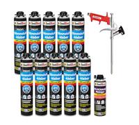 Isolbau B2 Lot de 10 tubes de colle périmétrique 750 ml, 1 nettoyant en mousse polyuréthane et 1 pistolet à mousse pour plaques EPS et XPS - Mousse adhésive en polyuréthane 1K pour fixation et