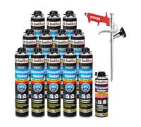 Isolbau B2 Lot de colle isolante - 12 x 750 ml - Pour périmètre, 1 x nettoyant pour mousse PU & 1 x pistolet à mousse pour plaques EPS & XPS - Colle mousse PU 1K pour isolation et isolation thermique