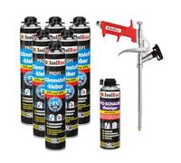 Isolbau B2 Lot de colle isolante - 6 x 750 ml de colle périphérique, 1 x nettoyant pour mousse PU & 1 x pistolet à mousse pour plaques EPS & XPS - Mousse PU 1K pour l'isolation et la pose