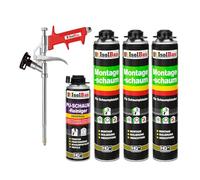 Isolbau Kit de mousse de construction - Comprend 3 x mousse de montage 1K B2 avec un excellent son et une isolation thermique (750 ml chacune), 1 nettoyant pour mousse PU (500 ml) et 1 pistolet à