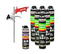 Isolbau Kit de mousse de construction - Comprend 6 x mousse de montage B2 1K avec un excellent son et une isolation thermique (750 ml chacune), 1 x nettoyant pour mousse PU (500 ml) et 1 x pistolet à