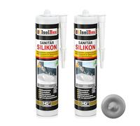Isolbau Lot de 2 cartouches de silicone sanitaire - 300 ml - Gris - Mastic en silicone hautement élastique pour joints et joints - Résistant à la moisissure et à l'eau
