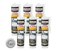 Isolbau Lot de 6 cartouches de silicone sanitaire - 300 ml - Gris clair - Mastic en silicone hautement élastique pour joints et joints - Résistant à la moisissure et à l'eau