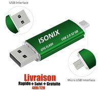 ISONIX Clé USB 32 GO 2 en 1 Micro Usb Drive Pour Android Smartphones Tablette PCs VERT