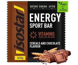 ISOSTAR - Barre Energy Sport Céréales & Chocolat - Barres Énergétiques Sport avec Glucides, Source de Vitamines B1, B2, B6, C, E & PP, Snack Running, Vélo & Trail - 3 x 35 g