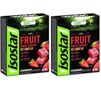 Isostar Energy Fruit Boost - Saveur Fraise - Pâtes de Fruits Sport - Réduction Fatigue - Avec Caféine - Arôme Naturel - Sans Colorant - Sans Conservateur - 1 Boîte de 10 Carrés (10 x 10 g) (Lot de 2)