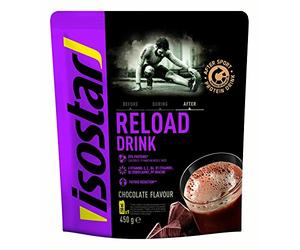 ISOSTAR - Reload Drink Chocolat - Poudre Pour Boisson de Récupération Protéinée - Après Sport - Source de Glucides, Calcium, Magnésium, Vitamines - 1 Sachet Refermable 450 g