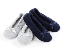 Isotoner 2 Pack Microterry Ballerina Slippers With Satin Bow, Suede Sole, And Terry Lining BallerinesFemme