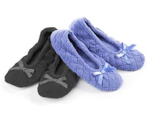 Isotoner 2 Pack Microterry Ballerina Slippers With Satin Bow, Suede Sole, And Terry Lining BallerinesFemme