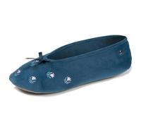 Isotoner Chaussons pantoufles Ballerines femme ultra confortables, semelle en cuir tannage végétal, détail grand nœud, 35/36 EU, bleu canardfleurs