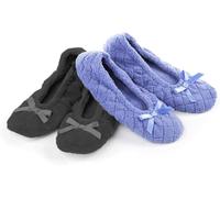 isotoner Lot de 2 chaussons ballerines en micro-éponge avec nœud en satin pour femme, Pervenche matelassée, frêne uni, 38/39 EU