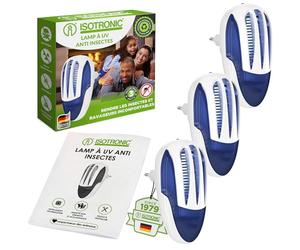 ISOTRONIC L'insecticide électrique protège contre les moustiques, les mites et les mouches - lampe UV anti-moustiques de 1 000 V pour une utilisation en intérieur - portée efficace de 30 m² (3 pièces)
