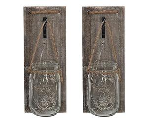 ISOTRONIC Set de 2 appliques murales LED en verre - Décoration bocaux Mason avec guirlande et planche en bois - Style rustique à piles - Bocaux à remplir soi-même pour jardin, salon et terrasse