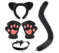 ISOYTERO 5pcs / set Cost Costume Oreilles de chat et queue Black Cat Set avec Glaw Gloves Collar pour adultes et enfants pour Halloween Anime Cosplay