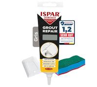 Ispar Joint carrelage gris 400g - kit reparation carrelage avec spatule et éponge pour salle de bain, cuisine, intérieur | mortier prêt à l'emploi