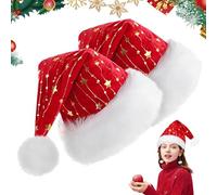 ISparbox Chapeaux de Père Noël en Peluche, 2 Pièces Bonnets de Noël avec Étoiles Dorées, Rouge Bonnet de Père Noel Bord en Fourrure pour Adultes, pour Fête de Noëls Décoration Jeux de Rôle
