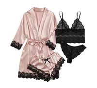 iSpchen Ensemble de pyjama long en 4 pièces pour femme, ensemble de pyjamas sexy, lingerie en dentelle, short, chemise de nuit pour le printemps, l'été, l'automne, robe douce, short, Rose, L