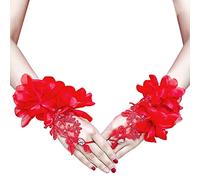 iSpchen Gant Femme Dentelle, Gants de Mariage Sexy Gants Courts Gants De Dentelle Mariée Mitaines De Protection UV Femmes Mariage Floral Gants Sans Doigts pour Fille Mairée Conduire Soirée Rouge