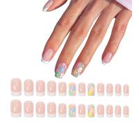 iSpchen Nail Tips Nail Tips Gel Full Cover Nail Tips French Press on Set avec motif floral et bloc de couleur Faux ongles Ensemble d'ongles artificiels Ongles artificiels pour femmes et filles, #03