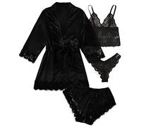 iSpchen Pyjama 4 pièces pour femme - Ensemble pyjama long - Sous-vêtements sexy en dentelle - Pantalon court - Chemise de nuit - Printemps été automne - Robe de chambre douce - Vêtement de nuit