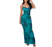 iSpchen,Robe d'été pour Femme 2024 Olena Dos Robe imprimée col en V sans Manches Jupe Crayon Longue Verte pour Une Tenue décontractée,Bleu S
