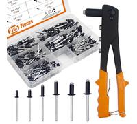 ISPINNER Assortiment de 225 rivets aveugles en aluminium noir avec outil de rivetage manuel robuste, 6 tailles de rivets pop avec séparateur et étui étiqueté