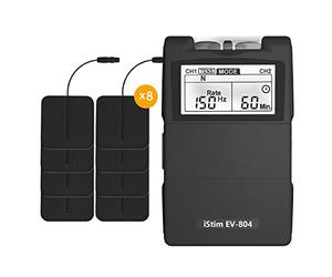 iStim EV-804 Électrostimulateur TENS EMS 2 Canaux - Stimulateur Musculaire Portable avec 8 Électrodes Réutilisables, Soulagement de la Douleur et Rééducation Musculaire, Appareil Numérique Compact