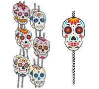 ISTOVO 24PCS Pailles en Papier Halloween pour Fournitures de Fête du Jour des Morts, Pailles Rayées avec Charms Crâne en Sucre pour