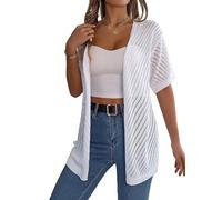 ISTOVO Cardigan D'Été à Manches Courtes et Col en V pour Femme, Ample, Ouvert sur Le Devant, Style Crochet, Cache-Cœur Blanc S