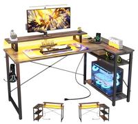 iSunirm Bureau de Jeu en Forme de L avec lumière LED et Prises, Bureau d'ordinateur avec étagères de Rangement, Bureau d'angle réversible avec Support d'écran pour étudier, 120 x 70 cm, Chêne Gris