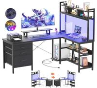 iSunirm Bureau en L avec clapier, Bureau Gaming avec éclairage LED, Bureau d'ordinateur réversible avec Prise de Courant, Bureau d'angle avec tiroir classeur et Support d'écran, Noir