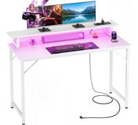 iSunirm Bureau Gaming avec LED et Prises 120x50cm, Table de Jeu avec Support Moniteur et Ports USB, Petit Bureau Informatique Ergonomique pour Chambre et Bureau, Blanc
