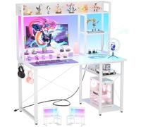 iSunirm Bureau Gaming,Petit Table Ordinateur Forme Etagères Rangements,Ports USB,Bureaux à Domicile LED et Rangement pour Domicile,Chambre,147x100cm,Blanc