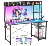 iSunirm Bureau Gaming,Petit Table Ordinateur Forme Etagères Rangements,Ports USB,Bureaux à Domicile LED et Rangement pour Domicile,Chambre,147x120cm,Noir