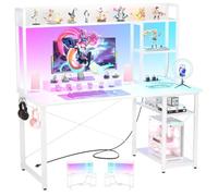 iSunirm Bureau Gaming,Petit Table Ordinateur Forme Etagères Rangements,Ports USB,Bureaux à Domicile LED et Rangement pour Domicile,Chambre,147x120cm,Blanc