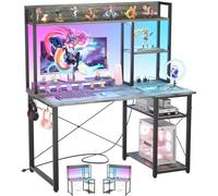 iSunirm Bureau Gaming,Petit Table Ordinateur Forme Etagères Rangements,Ports USB,Bureaux à Domicile LED et Rangement pour Domicile,Chambre,147x100cm,Gris