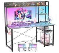 iSunirm Bureau Gaming,Petit Table Ordinateur Forme Etagères Rangements,Ports USB,Bureaux à Domicile LED et Rangement pour Domicile,Chambre,147x120cm,Gris