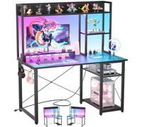 iSunirm Bureau Gaming,Petit Table Ordinateur Forme Etagères Rangements,Ports USB,Bureaux à Domicile LED et Rangement pour Domicile,Chambre,147x100cm,Noir