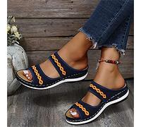 ISZI 2023 Sandales Été Cuir Femmes Sandales Fleur Imprimé Tongs Bout Ouvert Mode Été avec Support de Orthopédique Creux Confortables Chaussures de Plage,Bleu,US8/EU39