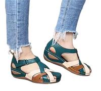 ISZI Sandales Confortables pour Femme Sandales Orthopédiques en Cuir PU Compensées Sandale À Bout Fermé Été Vintage Mode Sangle Chaussures de Plage,Vert,US7/EU38