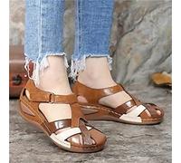 ISZI Sandales Confortables pour Femme Sandales Orthopédiques en Cuir PU Compensées Sandale À Bout Fermé Été Vintage Mode Sangle Chaussures de Plage,Marron,US7/EU38