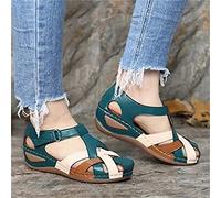ISZI Sandales Confortables pour Femme Sandales Orthopédiques en Cuir PU Compensées Sandale À Bout Fermé Été Vintage Mode Sangle Chaussures de Plage,Vert,US7/EU38